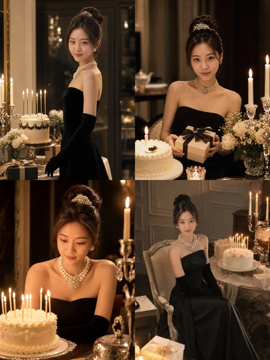 Séance photo d’anniversaire d’une jeune femme élégante au style Hepburn, pleine de sens du rituel