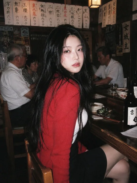 Snapshots de jeunes filles en robe rouge dans un izakaya japonais des années 90
