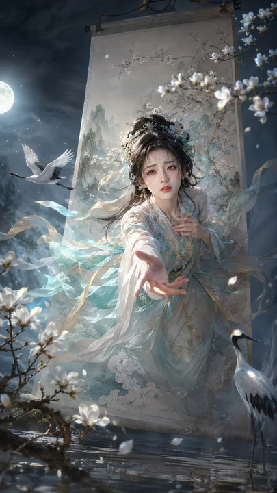 The beauty in the painting breaks out of the scroll, an Eastern fantasy poster
