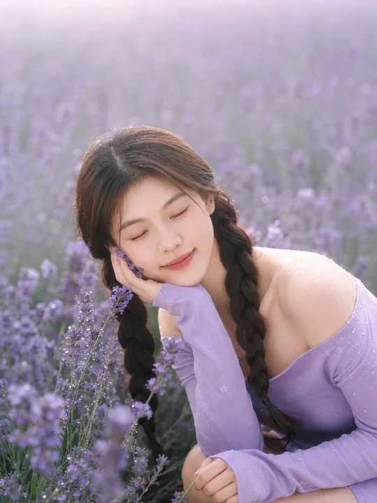ラベンダーの花畑の幻想的で写実的なポートレート写真