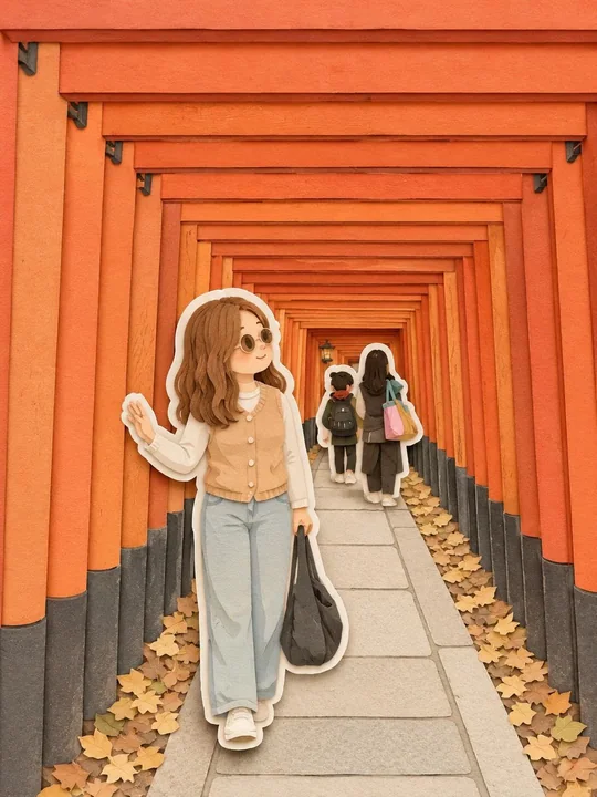 京都の鳥居をくぐり抜けるアニメ少女、紙彫刻風