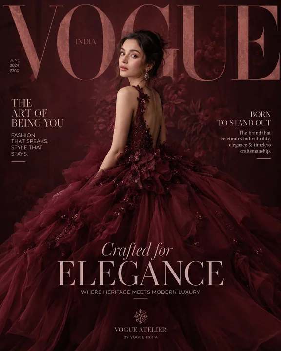 High-end fashion magazine cover with a chestnut voluminous gown