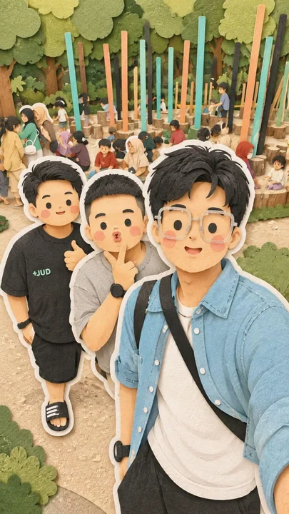 Cute family travel handmade paper-cut collage illustration