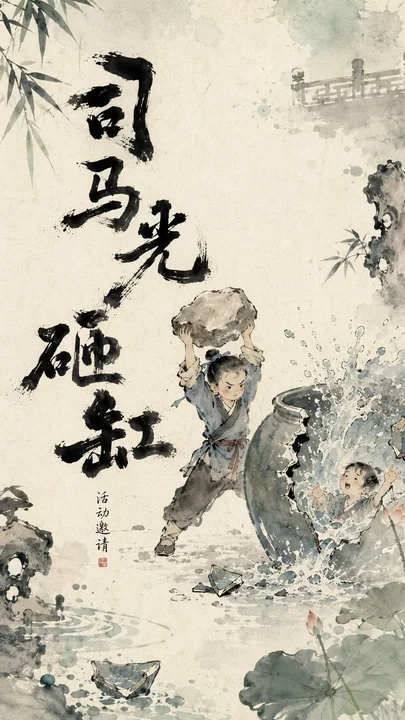 Eastern Ink-Wash Painting Dynamic Visual Poster: "Borrowing Arrows with Grass Boats"