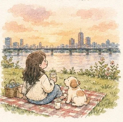 Jeune fille au style aquarelle doux promenant avec des animaux mignons en ville