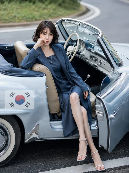 Elegant fashion portrait of a Japanese woman inside a vintage convertible
