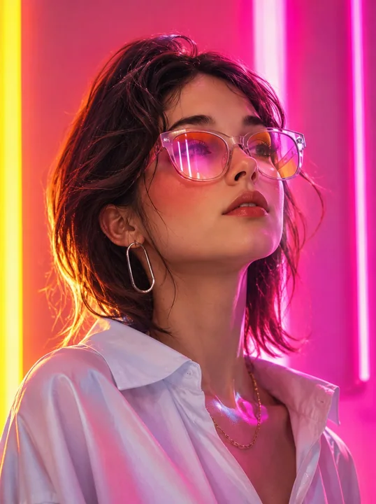 ネオンの未来的ファッション編集ポートレート写真