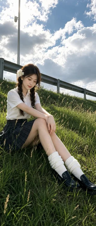 户外草坡电影感少女写实人像摄影
