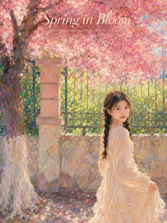 Dreamy Spring Cherry Blossom Impressionist Oil Painting Portrait Poster