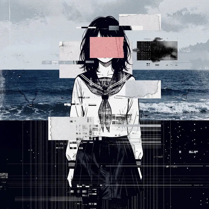 赛博故障艺术水手服少女数字拼贴