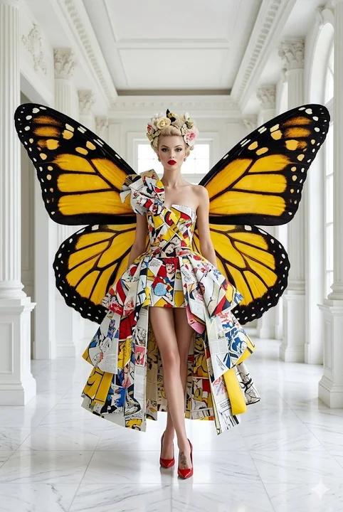Photographie de mode avec une jupe collage pop avant-gardiste et des ailes de papillon