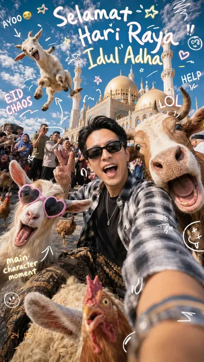 Autoportrait de la mosquée onirique de la fête de l'Aïd al-Adha avec des animaux mignons qui débarquent
