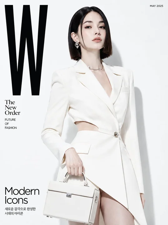 Couverture de magazine féminin coréen avec un sentiment architectural minimaliste en blanc
