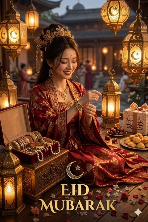 身穿华丽红金丝绸礼服的东亚女性参加开斋节庆典
