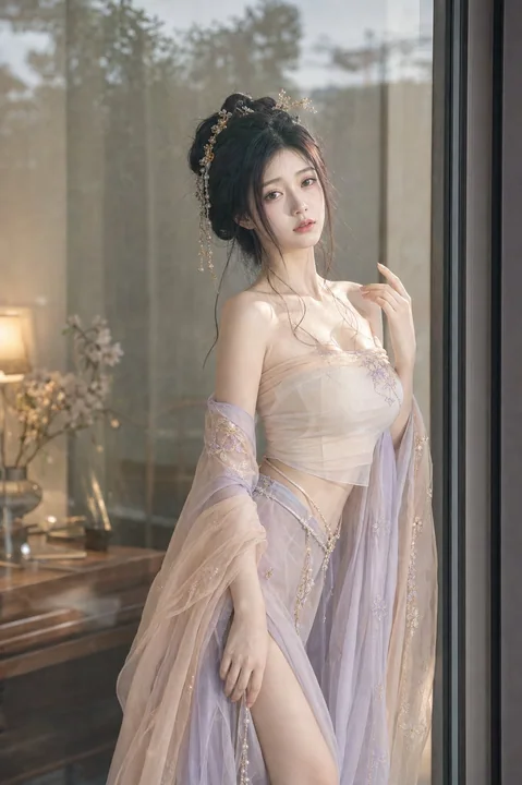 ガラス越しの影に映える、夏の古風な女性のポートレート