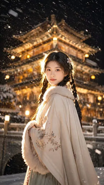 Portrait de beauté élégante en pleine nuit d'hiver, style ancien d'Extrême-Orient, ambiance cinématographique