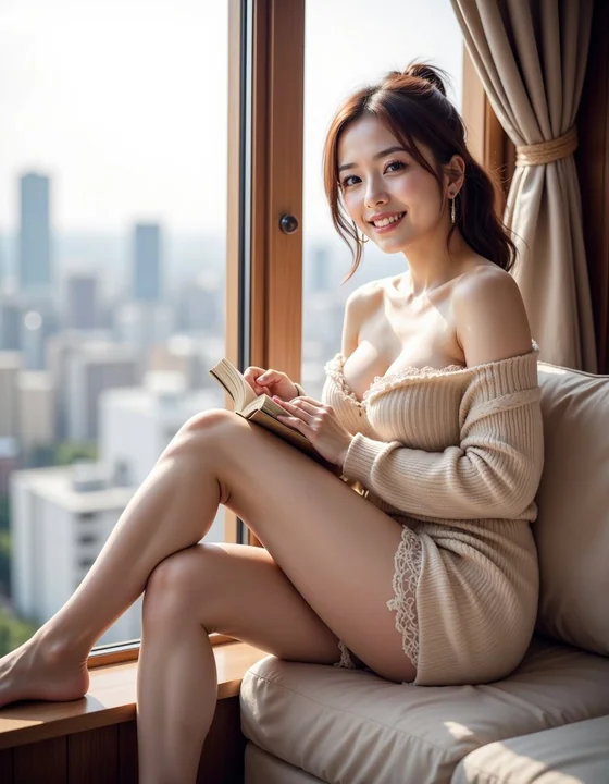 窗边优雅女性,慵懒的都市街景氛围