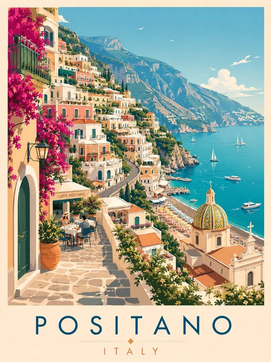 レトロな水彩画風イタリアポジターノ旅行ポスター