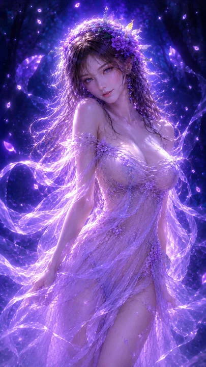 3Dリアルな夢幻の森に立つ、豊満な東方女性の肖像