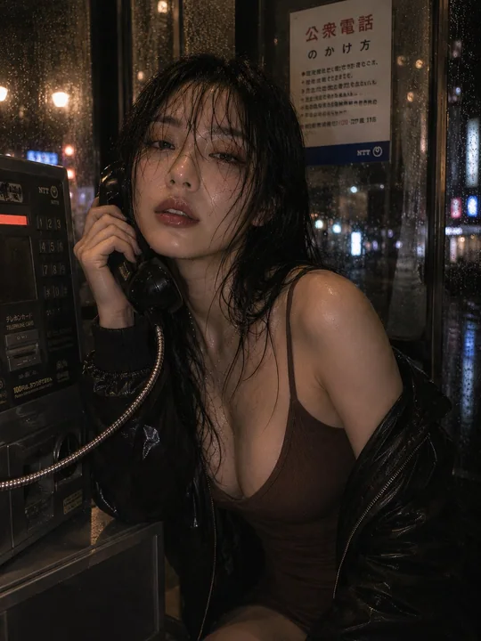 Appel téléphonique dans un abri de téléphone sous la pluie, photo privée japonaise légèrement ivre