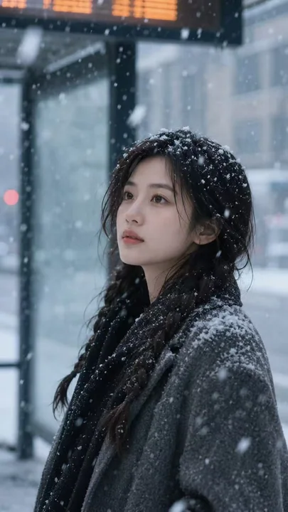Cinematic portrait of a person at an urban station in a winter snowscape
