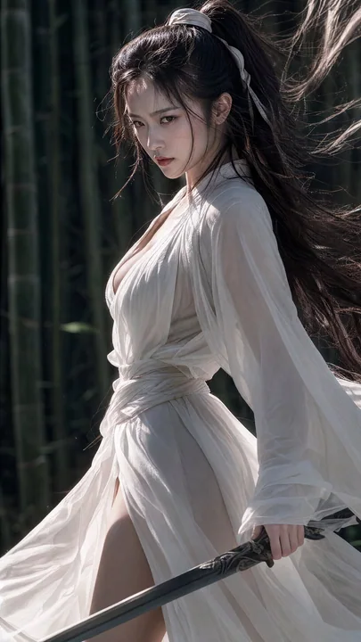 Portrait réaliste au style cinématographique d’une héroïne chevaleresque en costume ancien, vêtue de blanc et tenant une épée, dans une forêt de bambous.