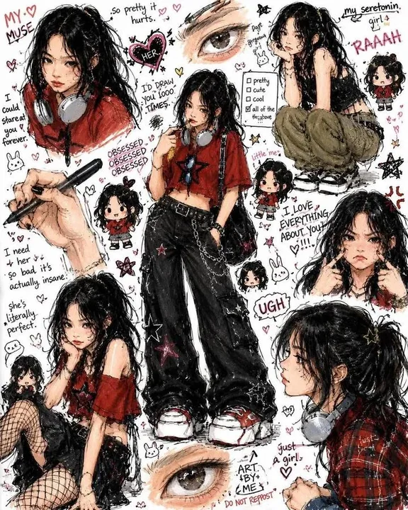 Messy black-haired Y2K girl anime graffiti character design collection