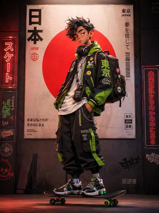 Portrait d'une jeune fille stylée faisant du skateboard dans les rues cyberpunk de Tokyo