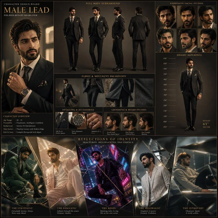 Cinematic male lead character design board and geometric shattered reflection concept
