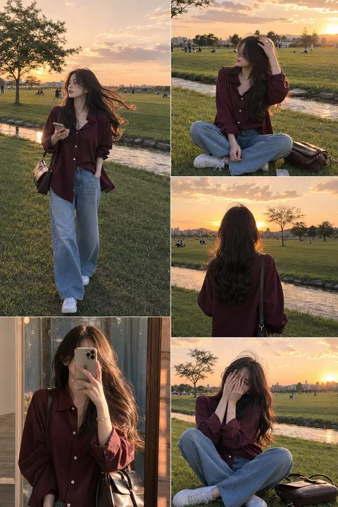 Collage en cinq cases de tenues au parc au coucher du soleil, style coréen esthétique