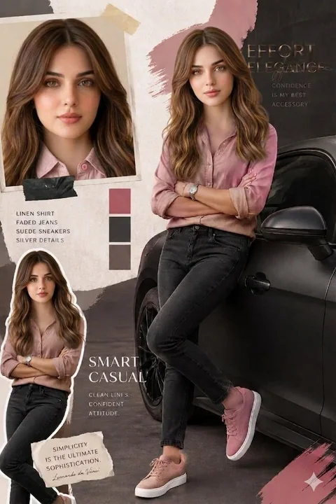 Guide de style professionnel façon magazine de mode, chemise rose, supercar