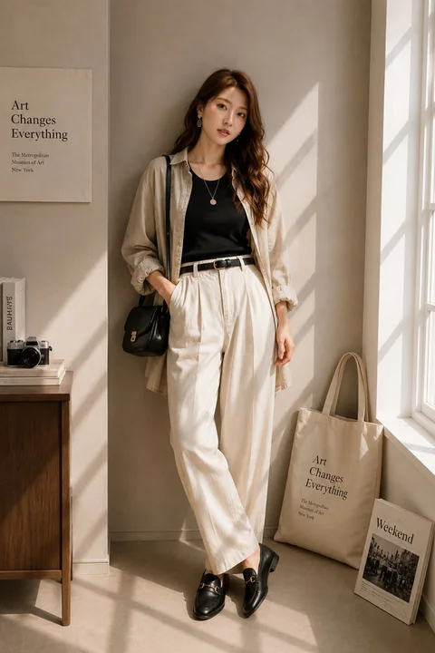 Minimalist high-end fashion editorial-style photography of an East Asian woman