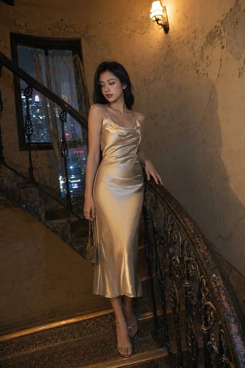 Portrait of a young woman in a champagne silk dress on an antique staircase in a Shanghai shikumen.