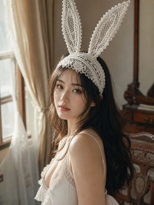 レースのウサ耳をつけた東アジア系美女の精緻なポートレート