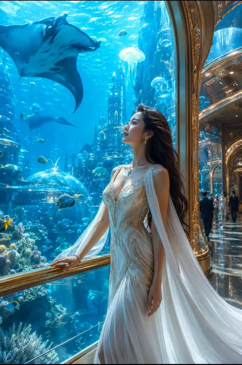Portrait de femme dans une cité aquatique futuriste luxueuse