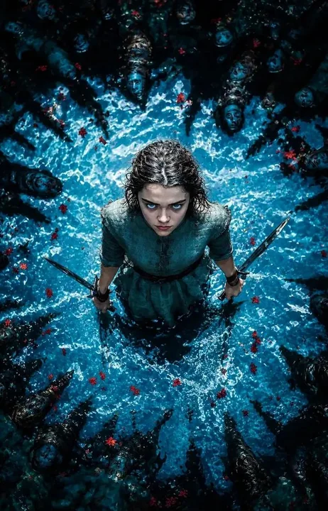 Guerrière déterminée dans l’eau, vue en plongée, dark fantasy