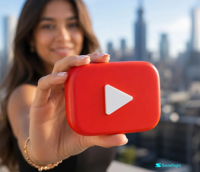 手に持った3D立体YouTubeアイコンの写実的な写真