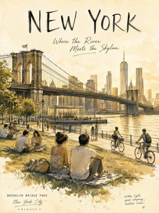 ニューヨーク・セントラルパーク、8月の午後の都市スケッチポスター