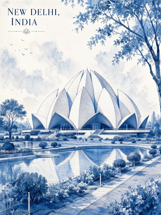 Illustration aquarelle monochrome rétro minimaliste du temple du Lotus à New Delhi