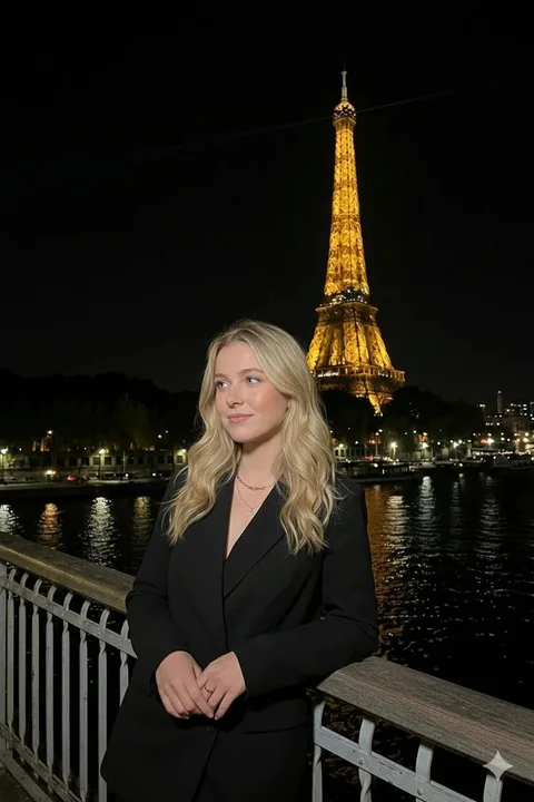 パリの夜景を背景に手すりにもたれかかる金髪のスーツ姿の女性