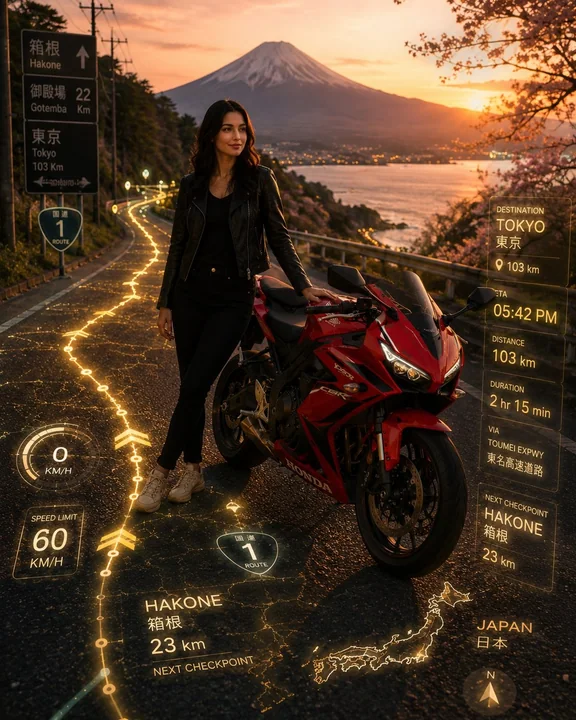 Affiche de voyage d’aventure cinématographique avec une voiture de sport rouge sur une route de montagne japonaise