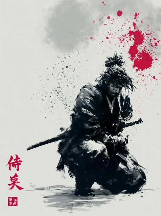 Traditional Japanese ink wash style, rear view of a ronin samurai.