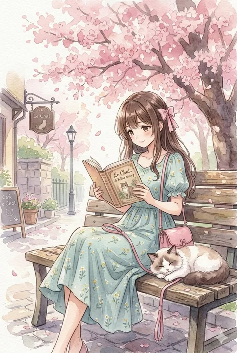 Watercolor illustration of a long-haired girl reading with a cat under a cherry blossom tree