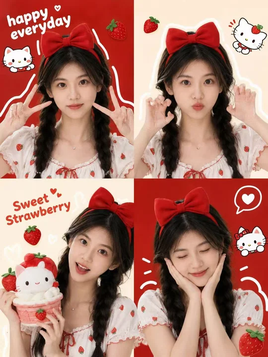 Sweet strawberry-themed four-panel cute photo booth sticker poster
