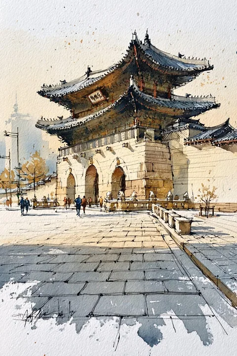 Traditional Korean hanok village street watercolor architectural sketch