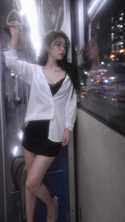 Jeune influenceuse chinoise dans une séance photo de style japonais à bord du dernier train de nuit