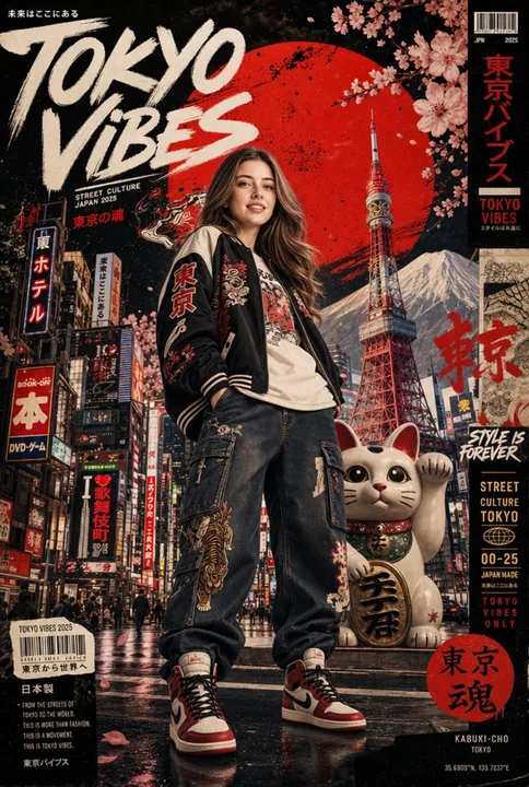 超精细的日式街头潮流海报，南亚女性，东京街景