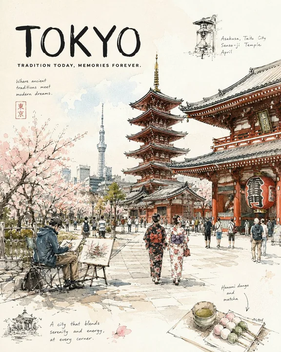 Urban sketch-style travel journal illustration poster