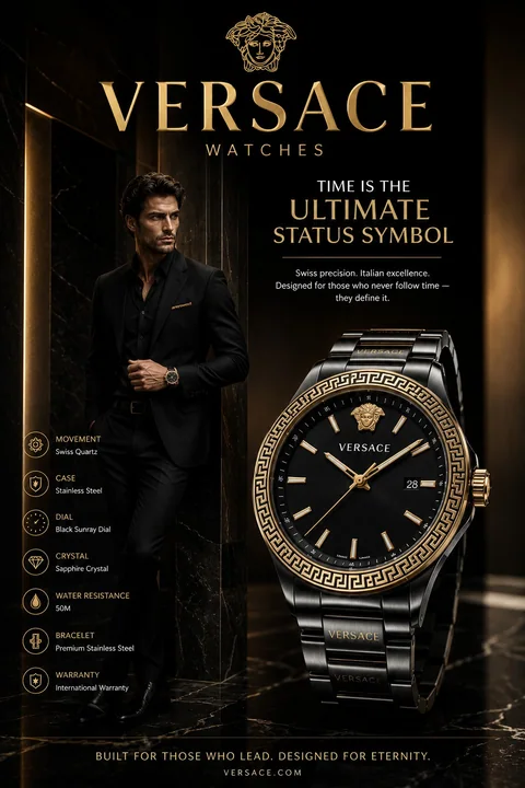 Affiche publicitaire pour montres de luxe haut de gamme pour homme Versace