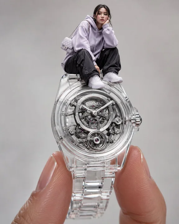 Fashionable woman sitting on a huge transparent wristwatch